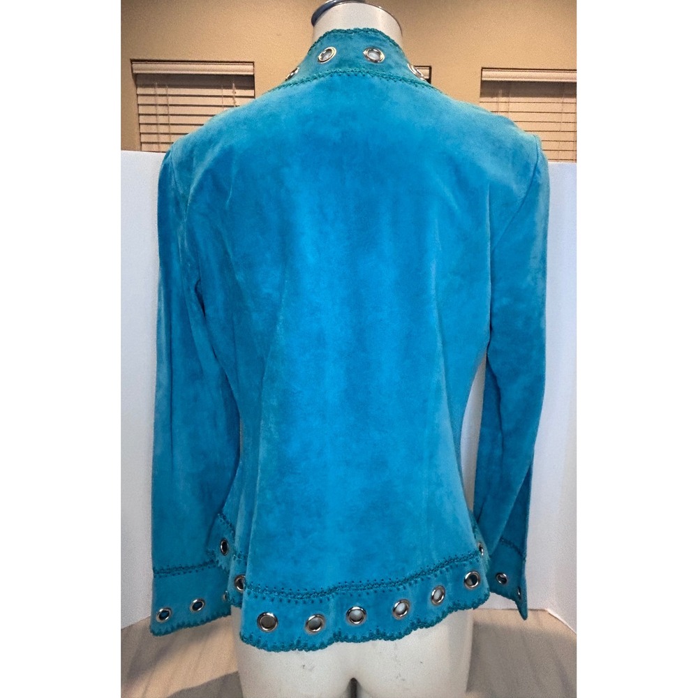 Cache Turquoise Blue Genuine Suede Leather Grommet Crochet Trim Jacket Medium - Picture 4 of 16